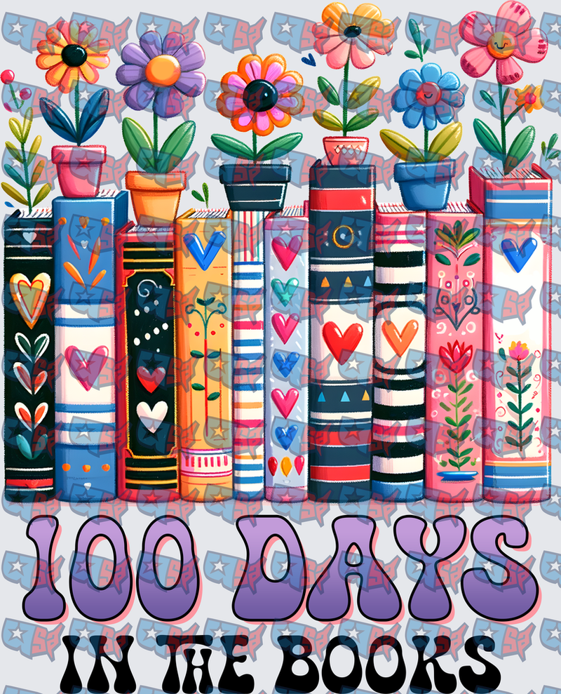 100 Days In The Books Colorful Stack With Flowers (DTF)