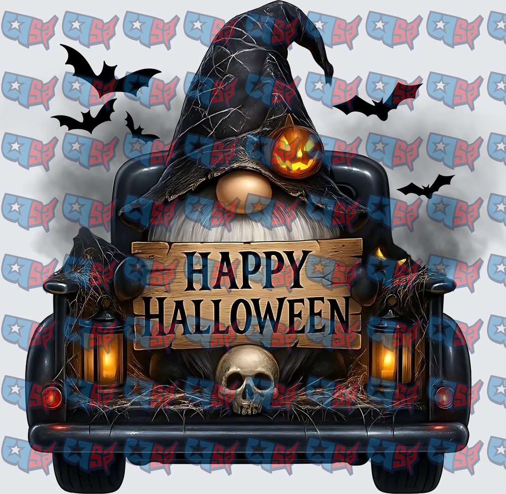 Halloween Gnome Truck Skull Bats Spooky Sign (DTF)