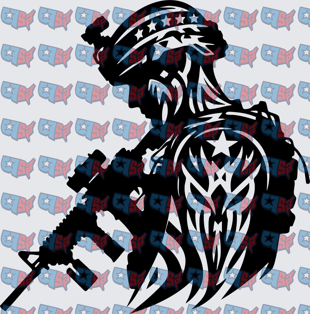 Patriotic Soldier Silhouette with Tribal American Flag (DTF)