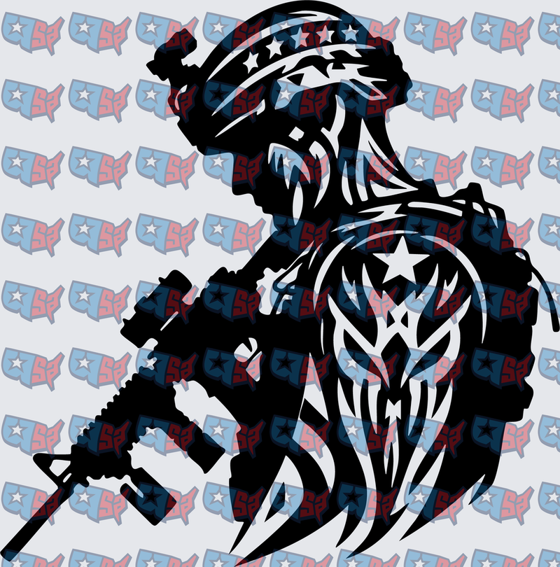 Patriotic Soldier Silhouette with Tribal American Flag (DTF)