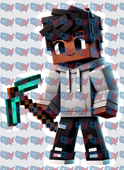 Blocky Gamer Character Holding Diamond Pickaxe (DTF)