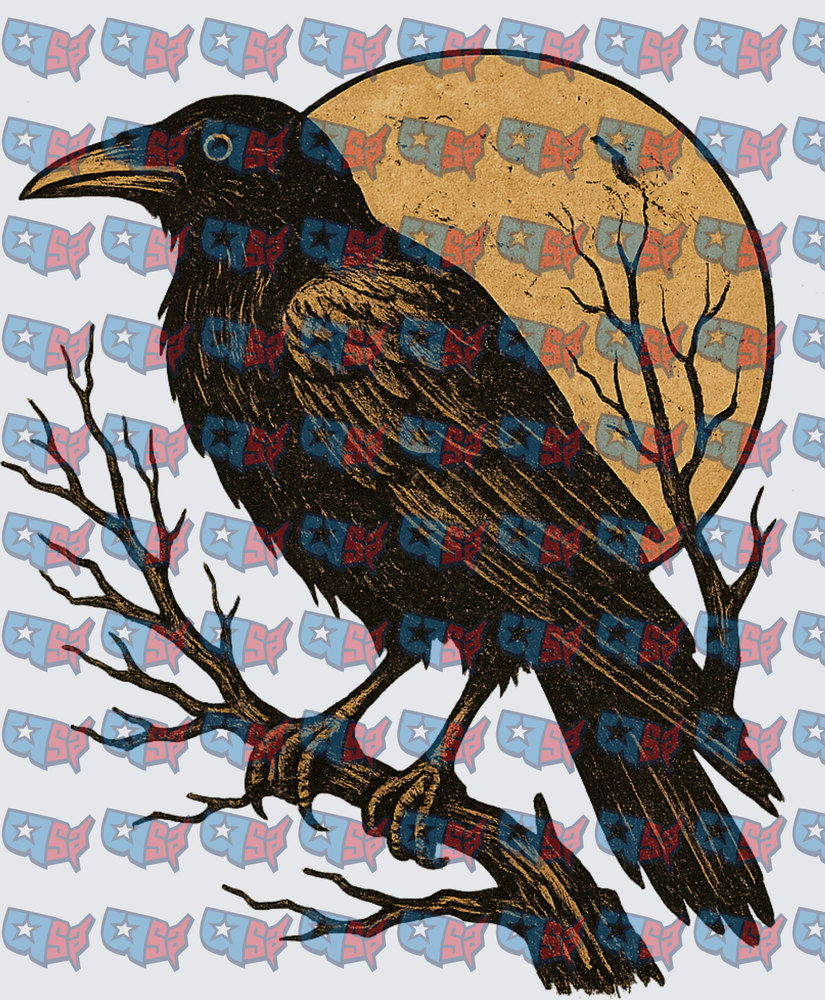 Black Raven Perched on Branch Golden Moon (DTF)