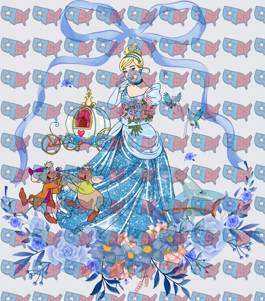 Sparkle Princess Mice Carriage Floral Blue Ribbon Design (DTF)