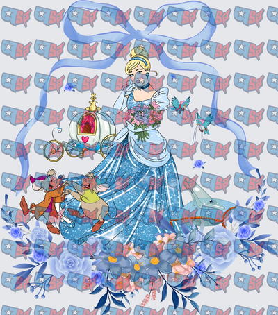 Sparkle Princess Mice Carriage Floral Blue Ribbon Design (DTF)