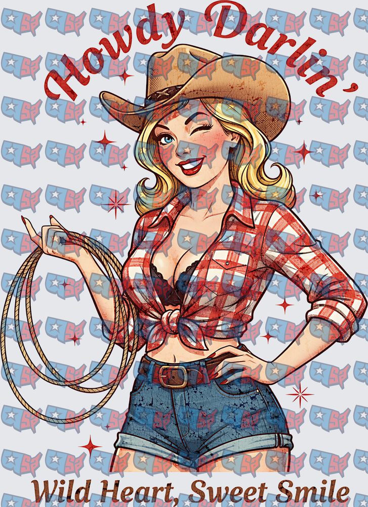 Howdy Darlin' Wild Heart Sweet Smile Cowgirl Pin-Up (DTF)