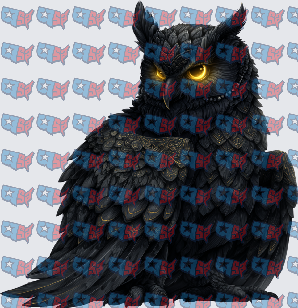 Dark Armored Owl Glowing Golden Eyes (DTF)