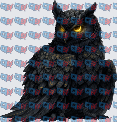 Dark Armored Owl Glowing Golden Eyes (DTF)