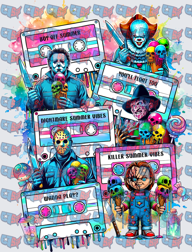 Horror Icons Summer Vibes Cassette Tape Collage (DTF)