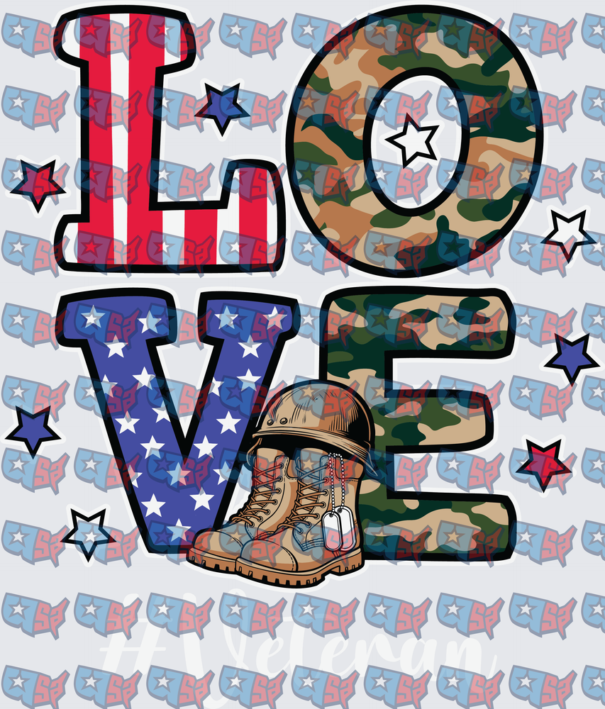 Love Veteran Military Boots Dog Tags Patriotic Stars (DTF)