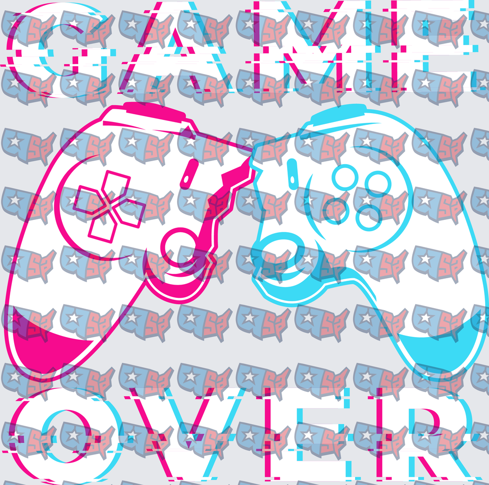 Game Over Neon Pink Blue Controllers Pixel Text (DTF)
