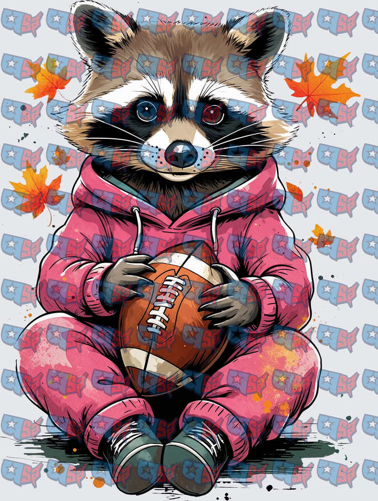 Raccoon In Pink Hoodie Holding Football Fall Leaves (DTF)