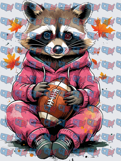 Raccoon In Pink Hoodie Holding Football Fall Leaves (DTF)