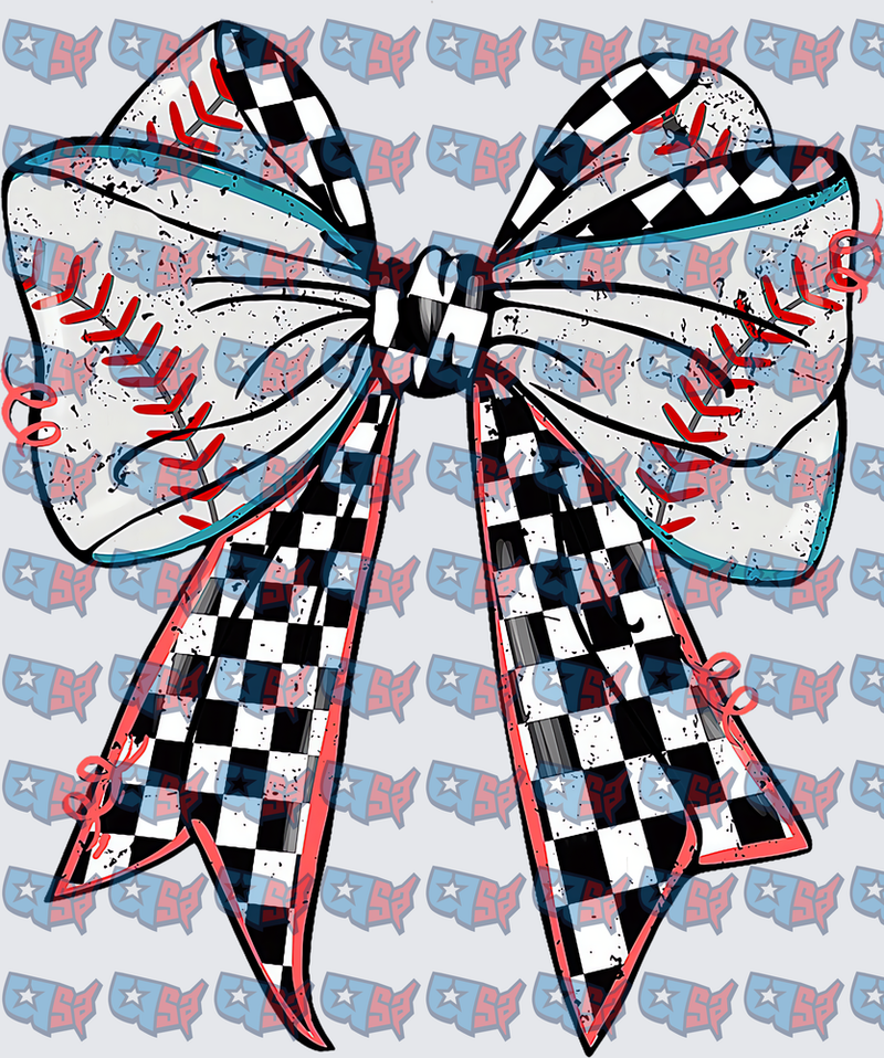Checkered Racing Flag Baseball Bow Distressed (DTF)