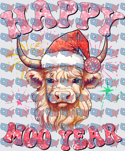 Happy Moo Year Highland Cow Santa Hat New Year (DTF)