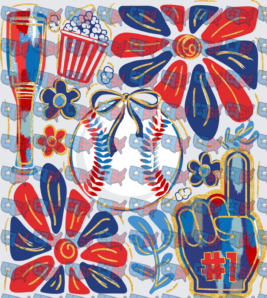Red Blue Baseball Bow Floral Fan Collage (DTF)