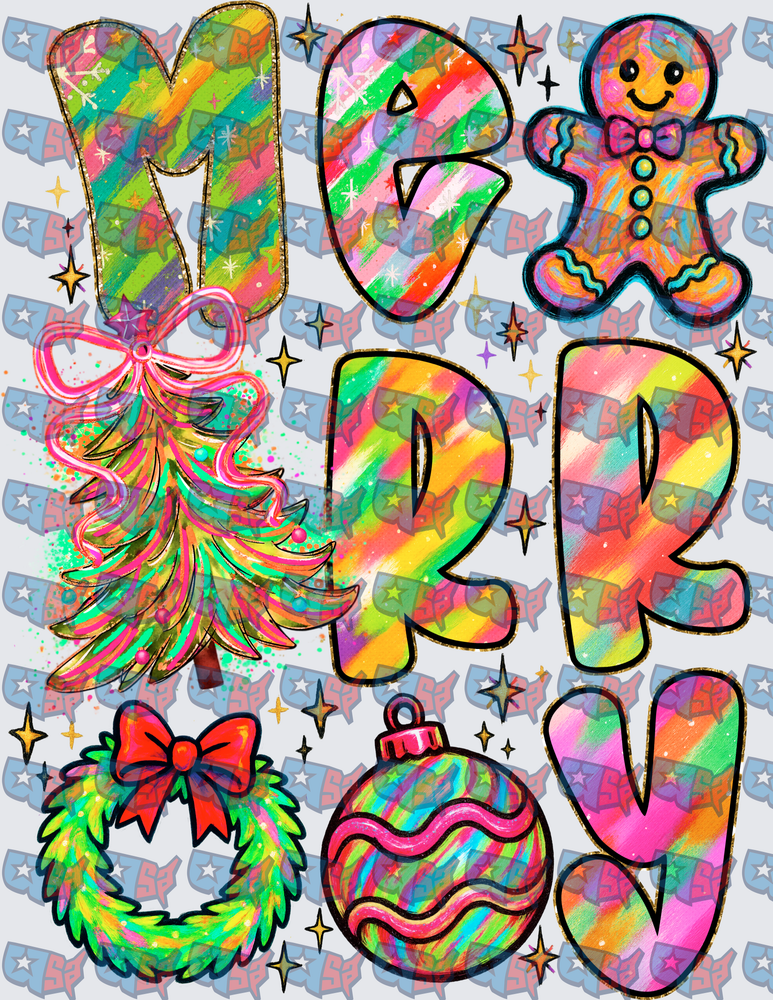 Merry Rainbow Christmas Icons Holiday Design (DTF)