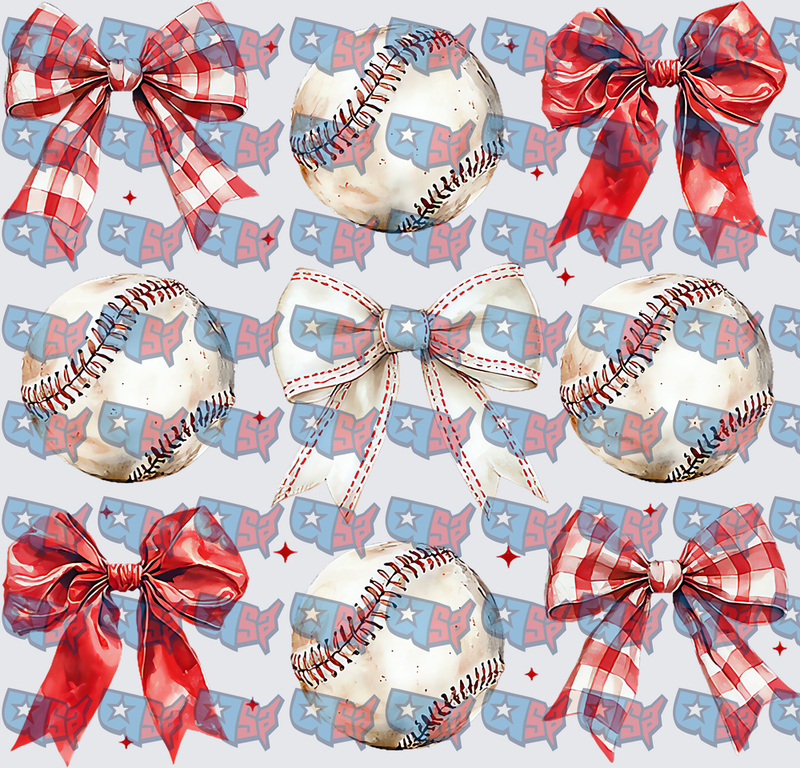 Baseballs And Red Gingham Bows Pattern (DTF)