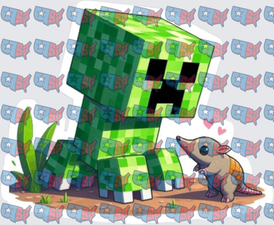 Cute Blocky Green Monster With Baby Armadillo (DTF)