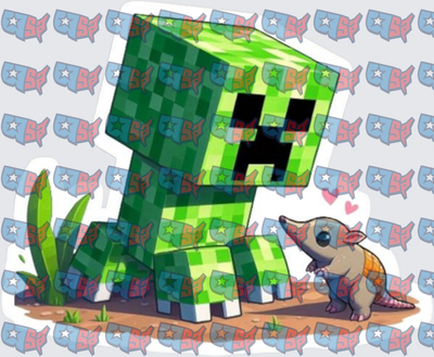 Cute Blocky Green Monster With Baby Armadillo (DTF)