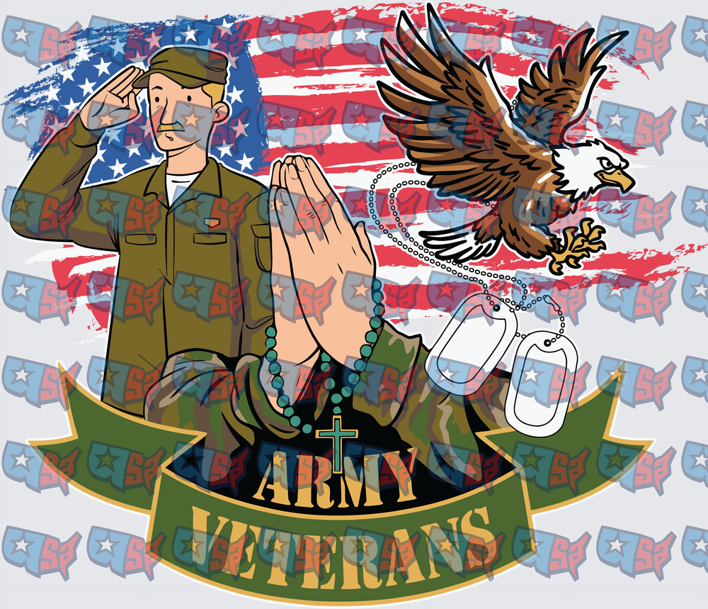 Army Veterans Saluting Soldier Eagle Praying Hands Flag (DTF)