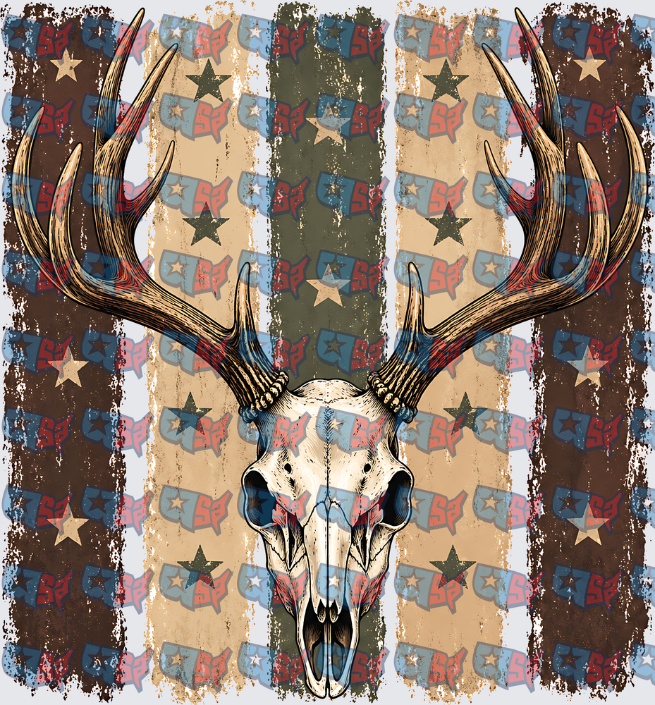 Whitetail Deer Skull Antlers Distressed American Flag (DTF)