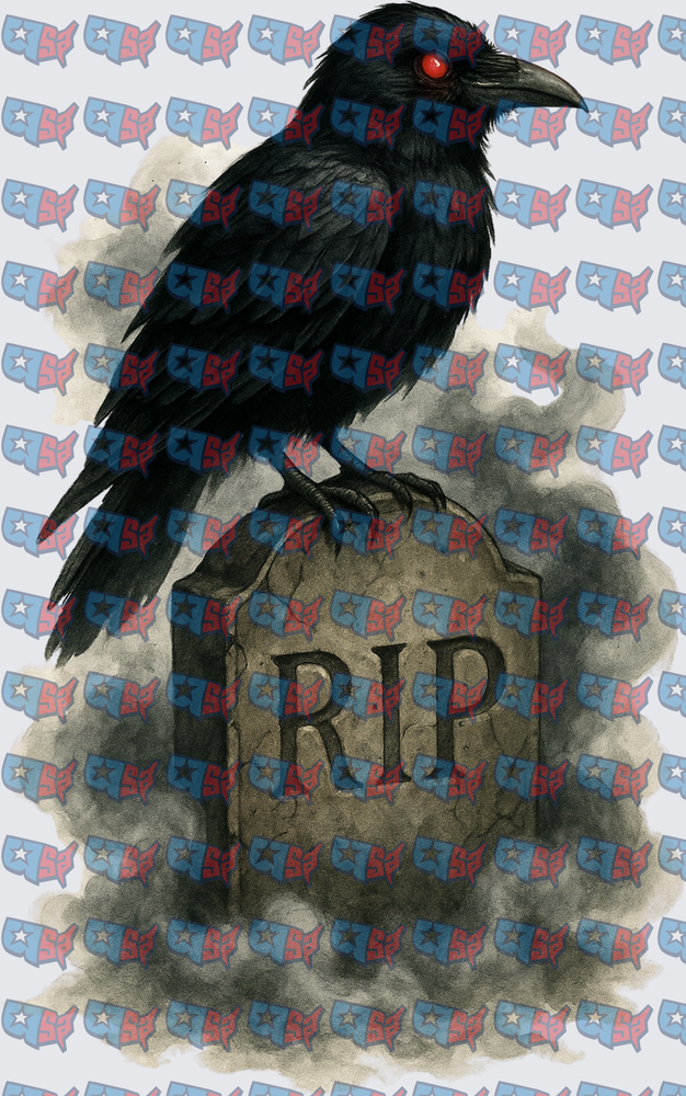 Red-Eyed Raven Perched on RIP Gravestone (DTF)
