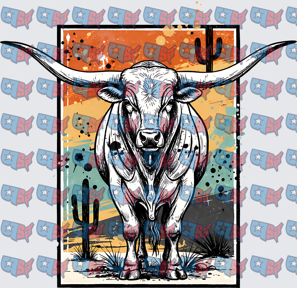 Texas Longhorn Bull Desert Sunset Cactus Scene (DTF)