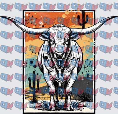 Texas Longhorn Bull Desert Sunset Cactus Scene (DTF)