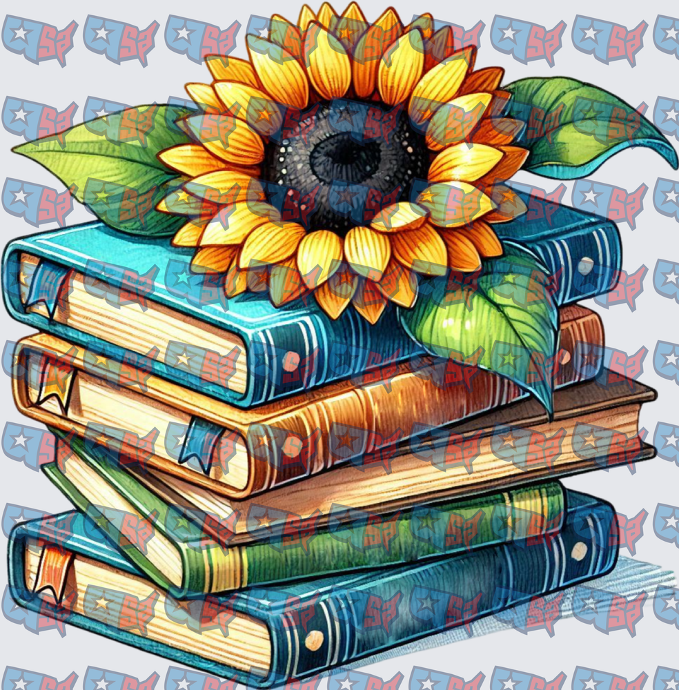 Sunflower Resting on Stack of Colorful Books (DTF)