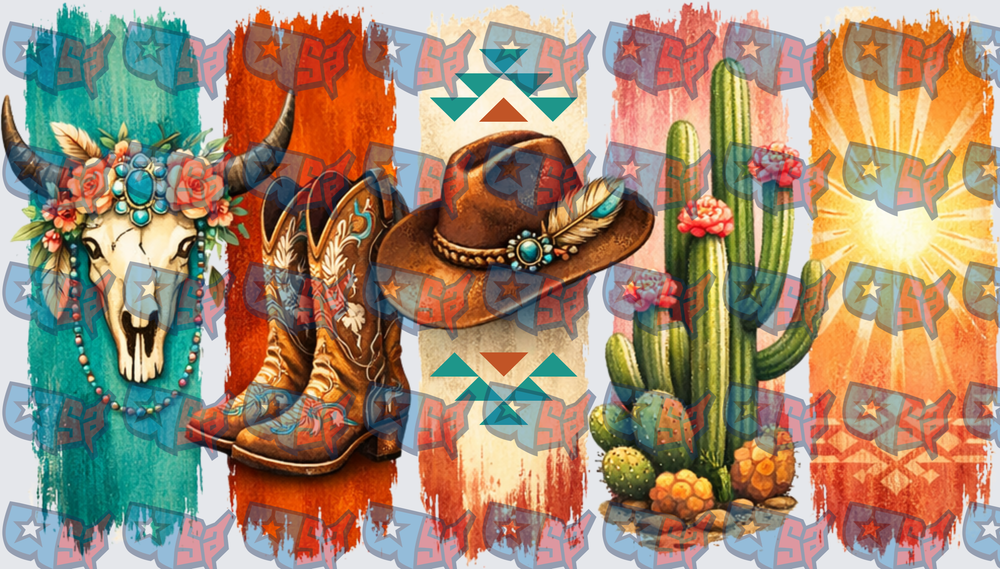 Boho Western Skull Boots Hat Cactus Stripe Panel (DTF)