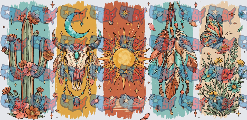 Boho Western Floral Skull Feathers Sun Butterfly Panel (DTF)