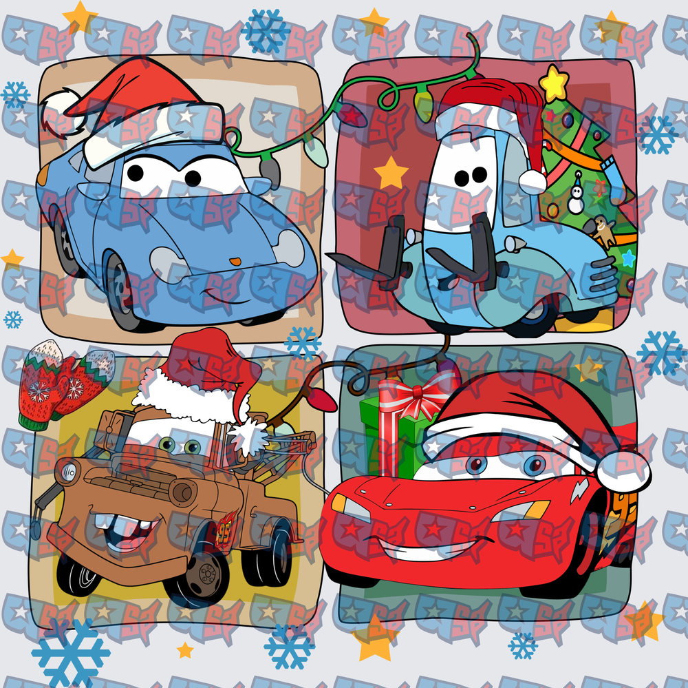 Four Animated Cars Christmas Holiday Santa Hats Panel (DTF)