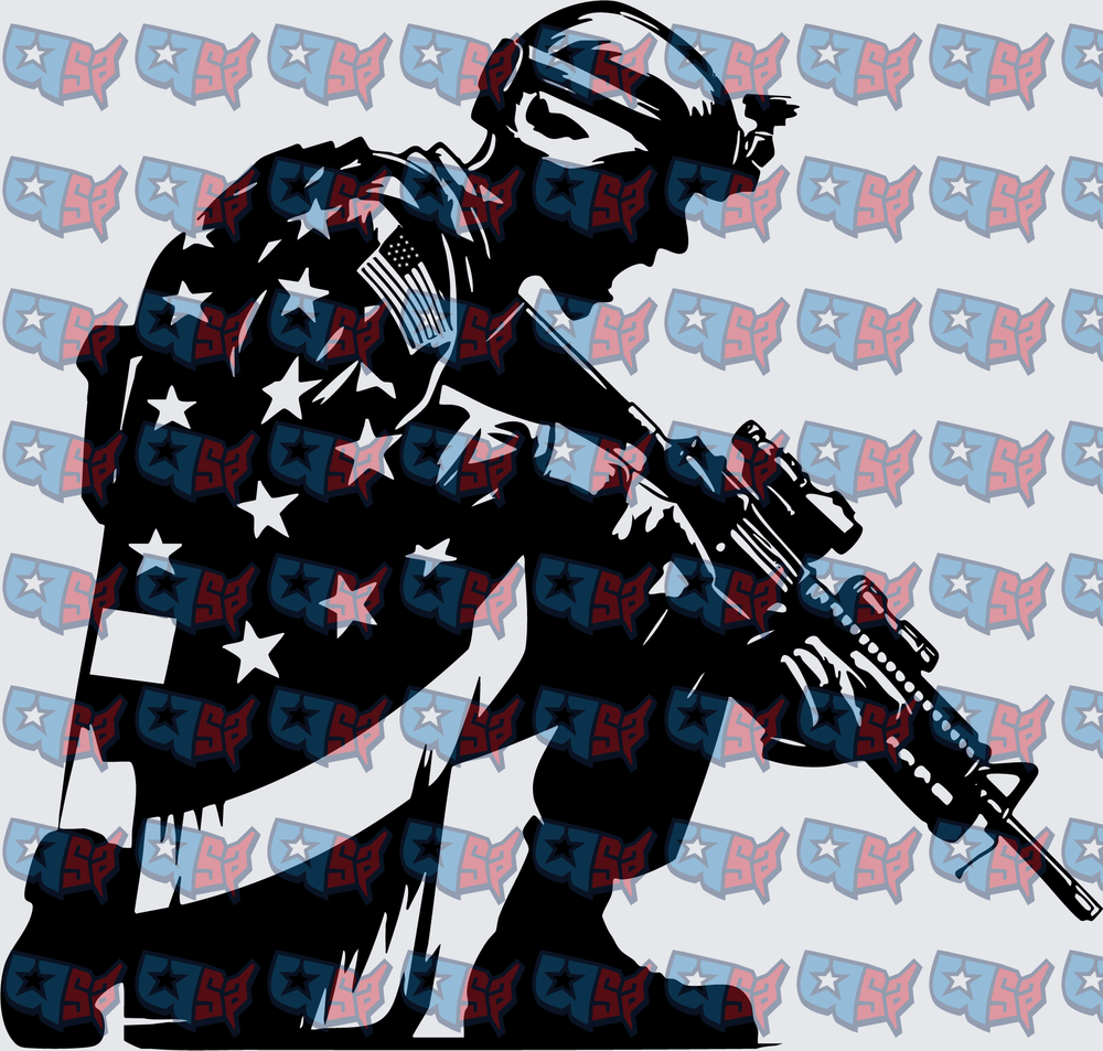 Kneeling Soldier American Flag Stars Silhouette (DTF)