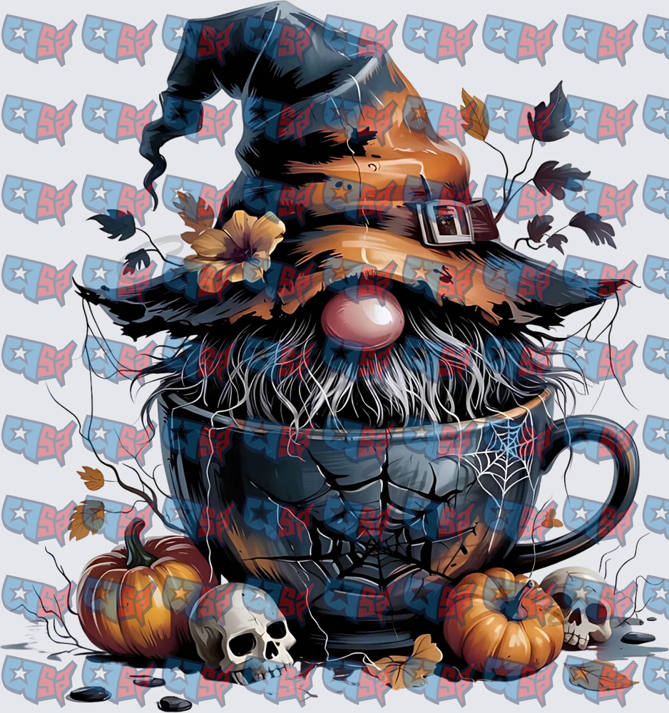 Halloween Witch Gnome In Coffee Cup With Pumpkins (DTF)