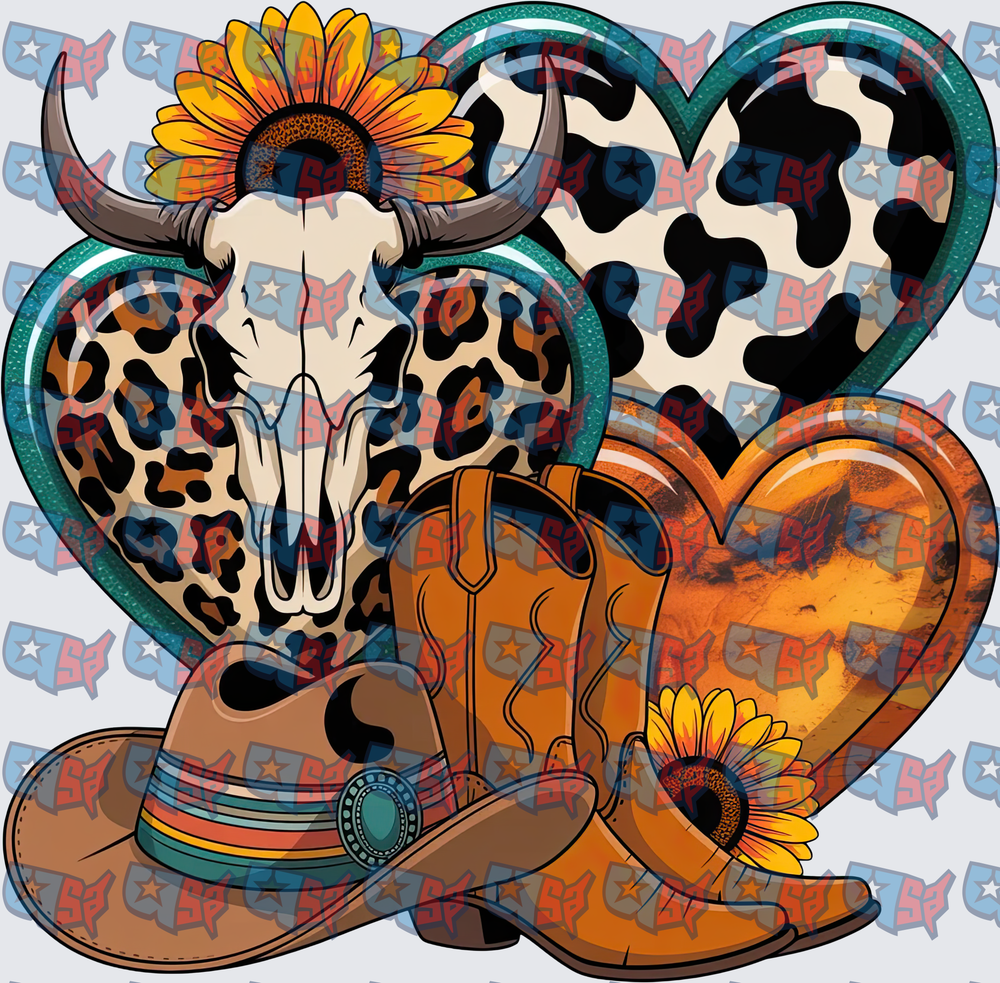 Western Bull Skull Boots Hat Sunflower Hearts (DTF)