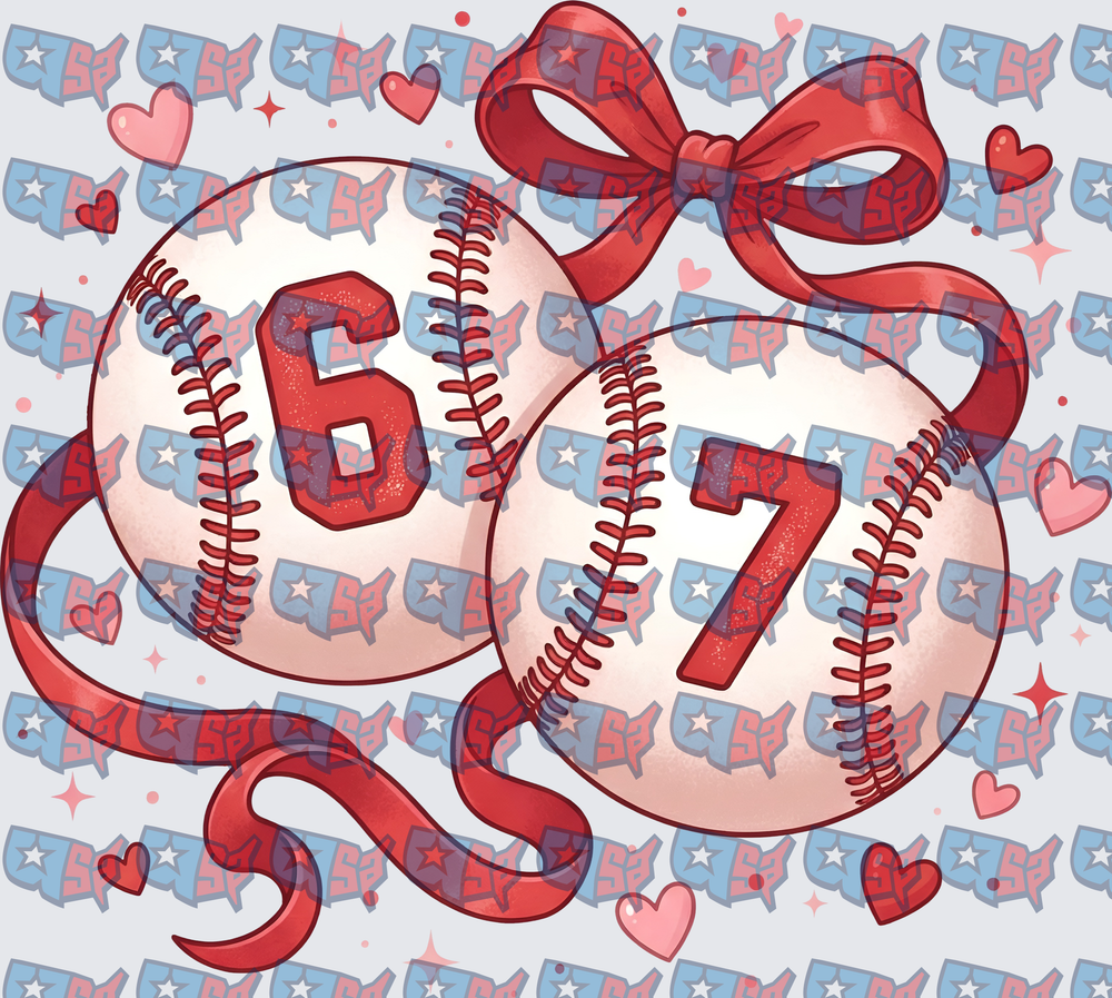 Two Baseballs Number 6 and 7 Red Bow Hearts (DTF)