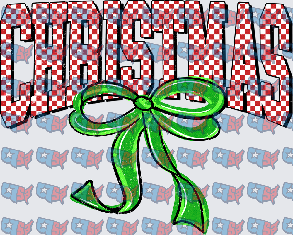 Red Checkered Christmas Text With Green Bow (DTF)