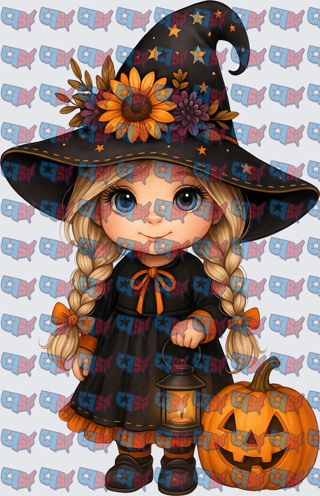 Cute Witch Girl with Sunflower Hat and Jack-o-Lantern (DTF)