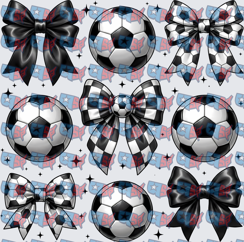 Soccer Balls and Bows Black White Checkered Pattern (DTF)