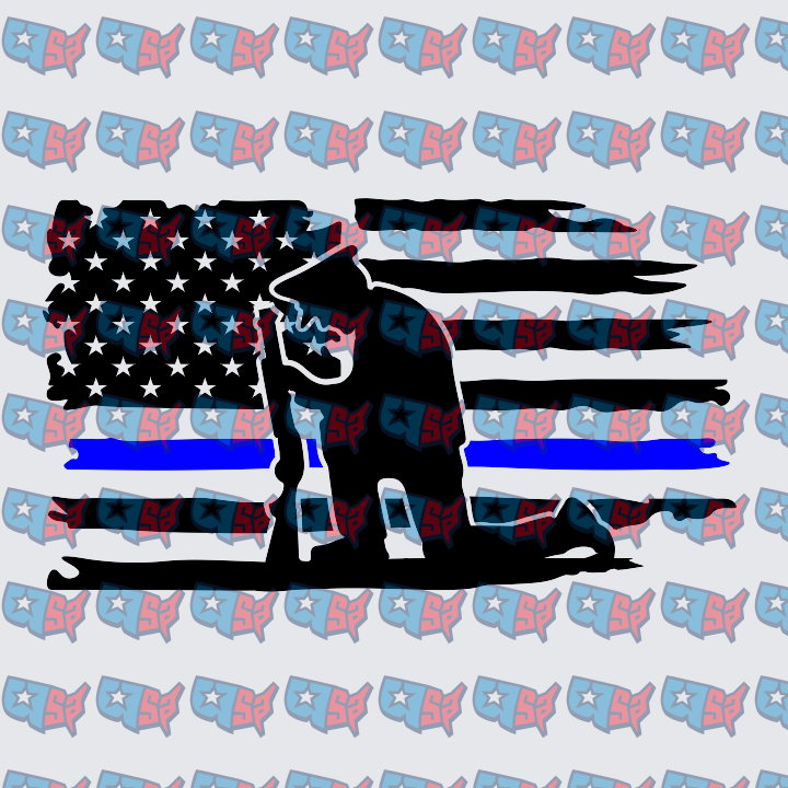 Kneeling Officer K9 Thin Blue Line Flag Silhouette (DTF)