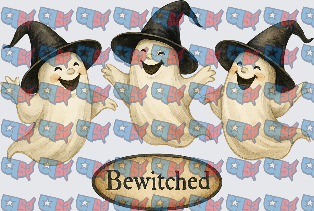 Three Bewitched Halloween Ghosts Wearing Witch Hats (DTF)