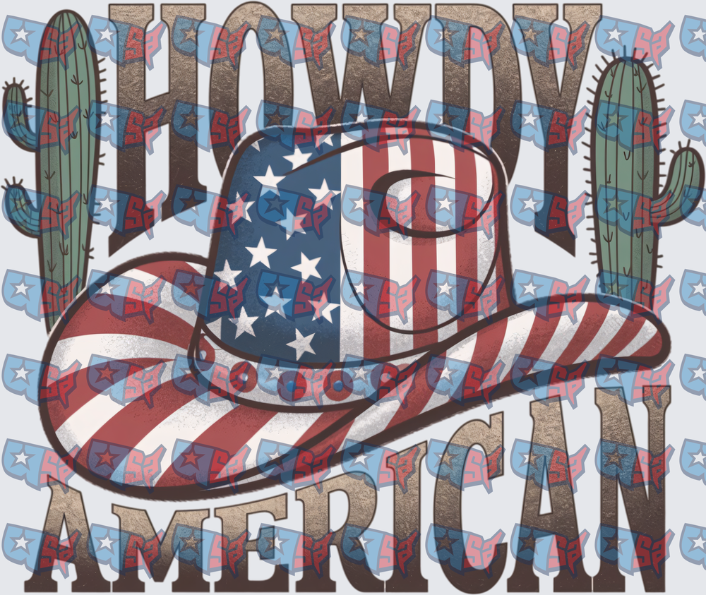 Howdy American Flag Cowboy Hat Cactus (DTF)