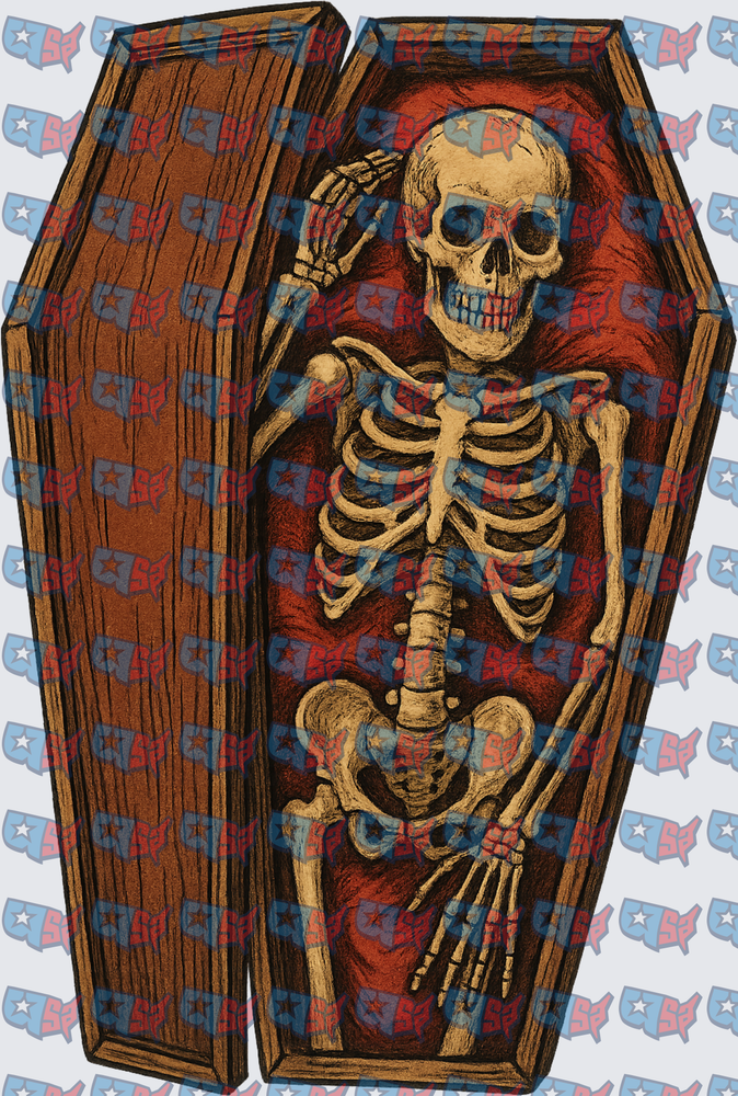 Skeleton Waving Inside Open Wooden Coffin (DTF)
