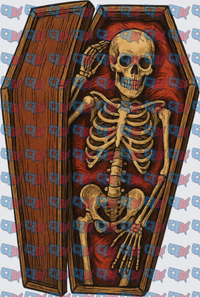 Skeleton Waving Inside Open Wooden Coffin (DTF)