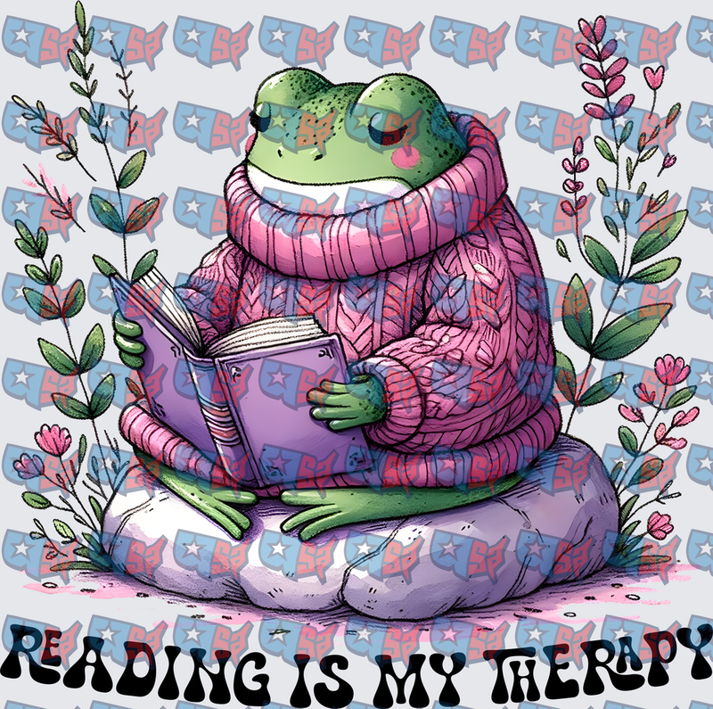 Reading Is My Therapy Cozy Frog With Book (DTF)