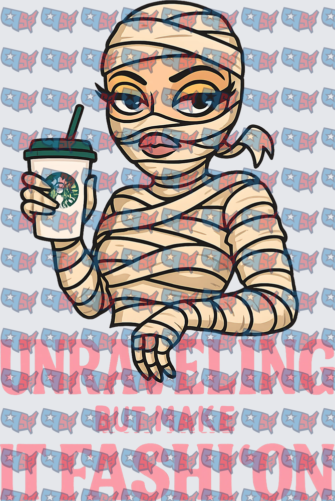 Mummy Holding Coffee Cup Unraveling But Make It Fashion (DTF)