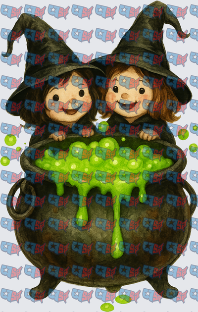 Two Cute Witch Girls Bubbling Green Cauldron (DTF)