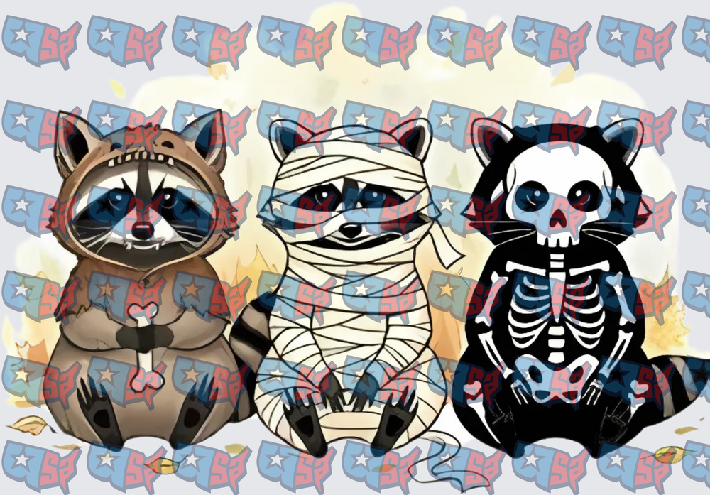 Halloween Raccoon Trio Mummy Skeleton Costume (DTF)