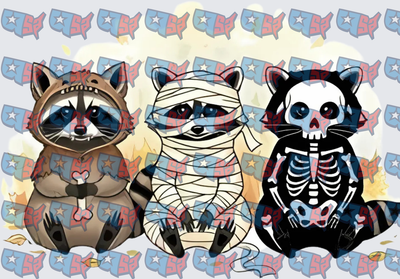 Halloween Raccoon Trio Mummy Skeleton Costume (DTF)