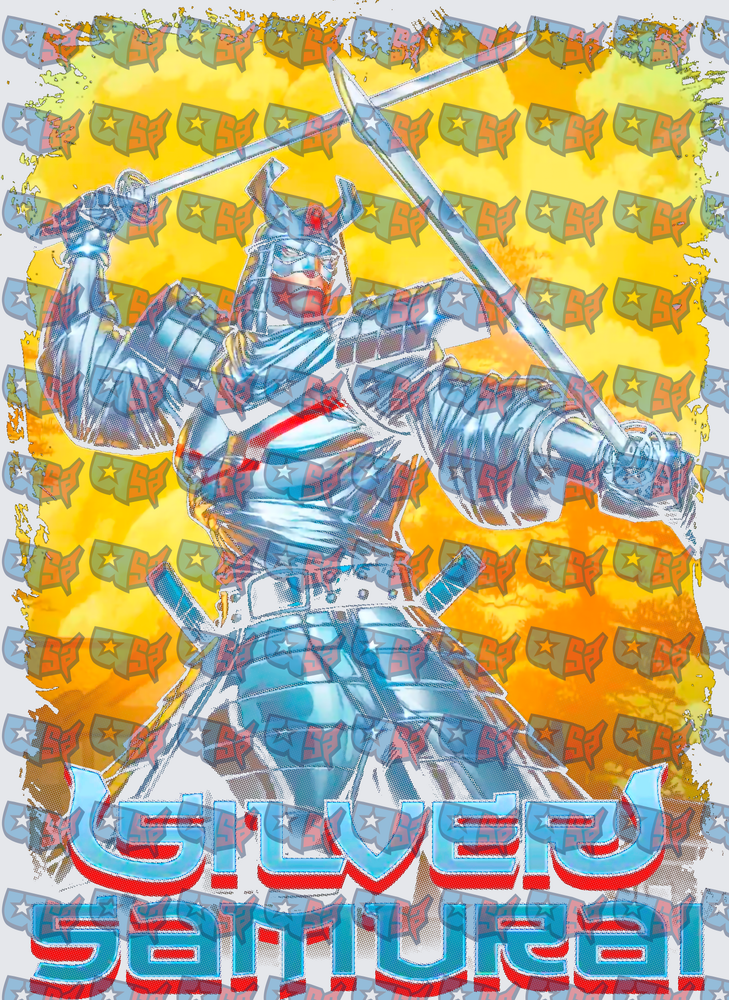 Silver Armored Samurai Warrior Dual Swords Fiery Background (DTF)